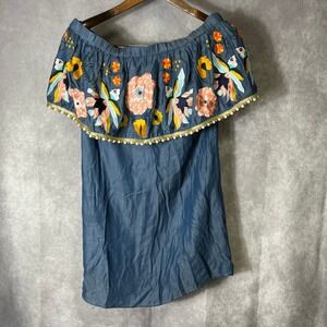 Boston Proper Off The Shoulder Embroidered Floral Tencel Top XS Blue Chambray